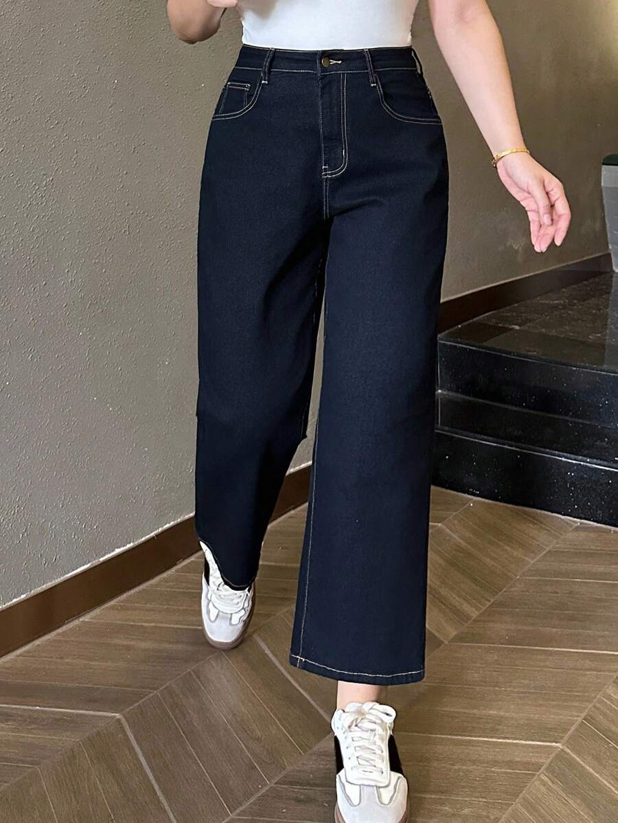 DAZY 大码女式深蓝色水洗弹力修身直筒九分牛仔裤，四季皆宜的百搭休闲裤 - 深色水洗藍 - 查看 1