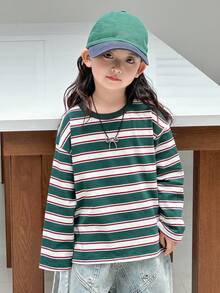 DAZY 女童条纹休闲长袖T恤，春秋季 - 綠色 - 查看 7