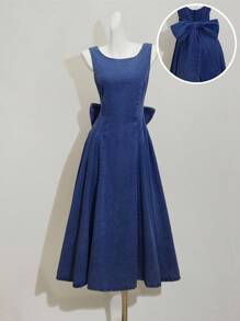 SHEIN MOD 女士牛仔连衣裙，休闲修身无袖蝴蝶结，蓝色 - 中等水洗藍 - 查看 1