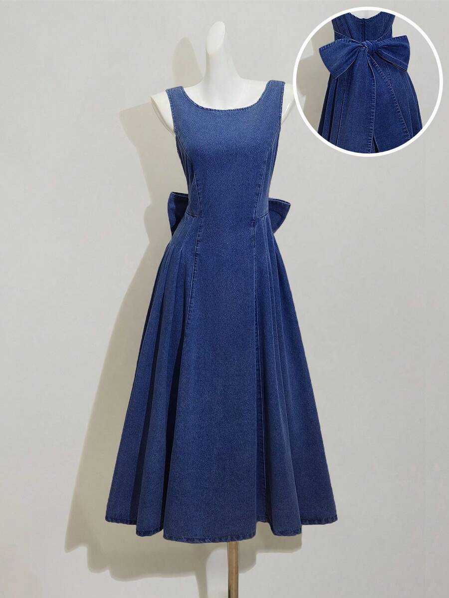 SHEIN MOD 女士牛仔连衣裙，休闲修身无袖蝴蝶结，蓝色 - 中等水洗藍 - 查看 1