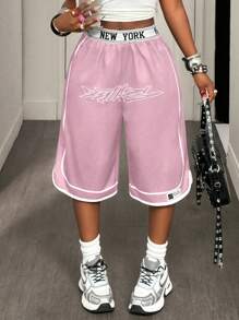 BamGleam Women's Letter Print Waistband Wide Leg Loose Casual Capri Sports Sweatpants - Pink - View 4