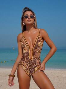 Swim Vcay Traje de baño de una pieza con estampado aleatorio, escote halter y espalda descubierta, que estiliza la figura, para vacaciones de verano en la playa - Multicolor - Ver 2