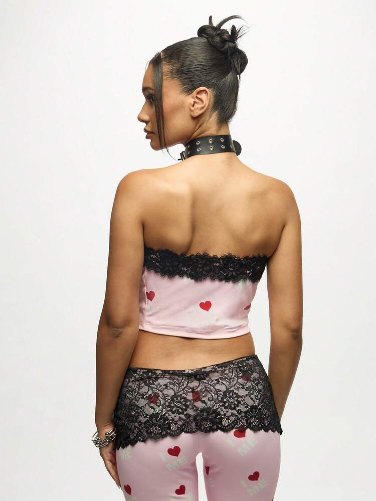 SUMWON WOMEN Lace Trim Hearts Print Bandeau Top With Black Trim
