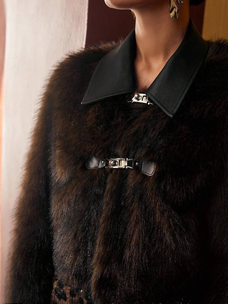 PU BUCKLE FAUX FUR COAT