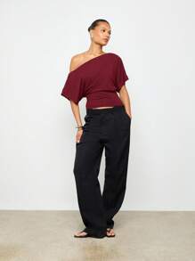 AiiRZ Off Shoulder Dolman Sleeve Fitted Waist Crop Top Stretch Knit Asymmetric Neckline Casual Evening Party Fall Fashion Statement,Off The Shoulder Top