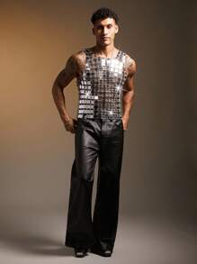 FeverCity Men's Silver Sequin Linked Fashionable Top, 2000s Style - Silver - View 4
