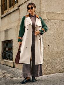 SHEIN LUNE Plus Size Solid Color Button Front Splice Long Sleeve Casual Trench Coat Fall Winter Cloth For Women Autumn - Multicolor - View 3