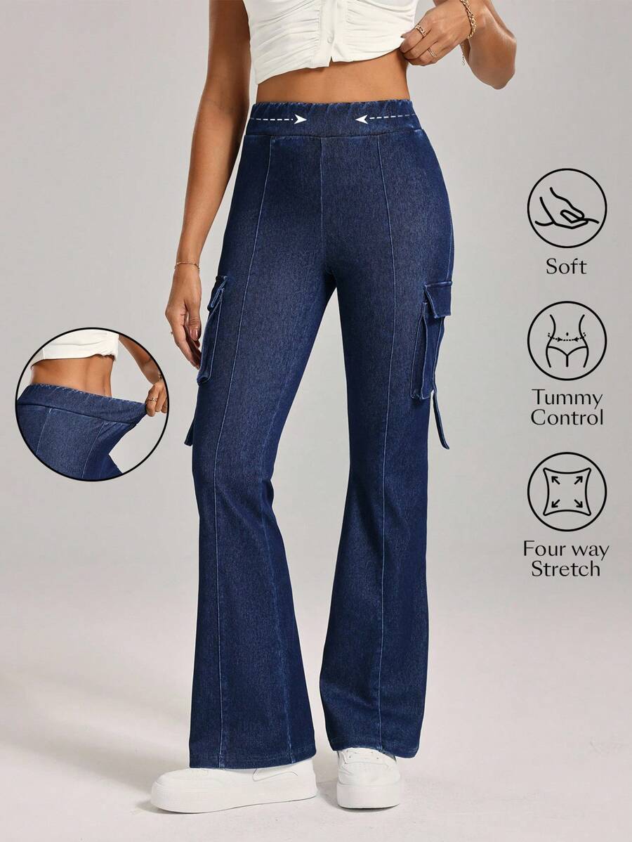 Flexra Calça Denim Feminina Casual, Versátil, Cintura Fina e Perna Flare, Para Uso Diário - Azul - Visão 1