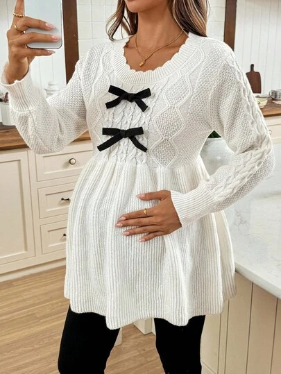 SHEIN 孕妇蝴蝶结装饰圆领长袖休闲毛衣