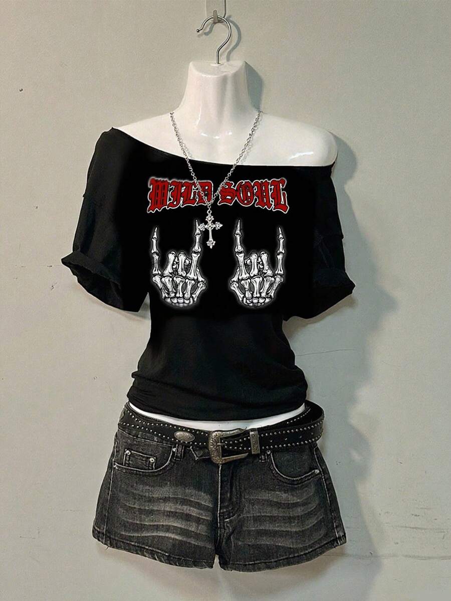 SHEIN EZwear 休闲简约全身印花露肩宽松女式T恤 - 彩色 - 查看 1