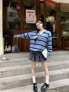 DAZY Women's Collared Korean Style Striped Casual Solid Color Back To School Long Sleeve Sweater Fall - Blue - View 5