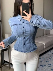 DAZY 女式修身长袖蝴蝶结腰部短款休闲牛仔衬衫 - 淺色水洗藍 - 查看 2