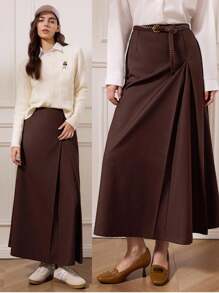 Briarwyn 女士简约优雅褶皱 A 字纯棕色半身裙，夏季复古风格女士商务休闲女装工作服 - 鏽棕色 - 查看 9