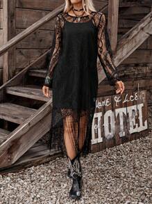 LanaWest Halloween Costume Black Round Neck Lace Long Sleeve Hollow Tassel Camisole Women's Western Casual 2 Pieces Set Fall Cloth For Women - Black - View 3