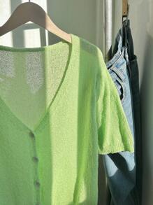 Comfortcana Plus Size Casual Solid Color Short Sleeve Lightweight Cardigan - Mint Green - View 5