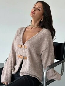 Firerie Women's Elegant Light Beige Cardigan,Autumn Front Contrast Leather Buckles Knitted Sweater,Dropped Shoulder Long Sleeve Brunch Top,Old Money Style - Apricot - View 4