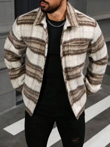 Manfinity Homme Herren karierter Locker Sitzende Lässig Jacke mit Langarm und Tasche, Herren Shacket Karojakke, Herren Sweatjacke, Karohemd für Herren, gestreifter Herren Shacket