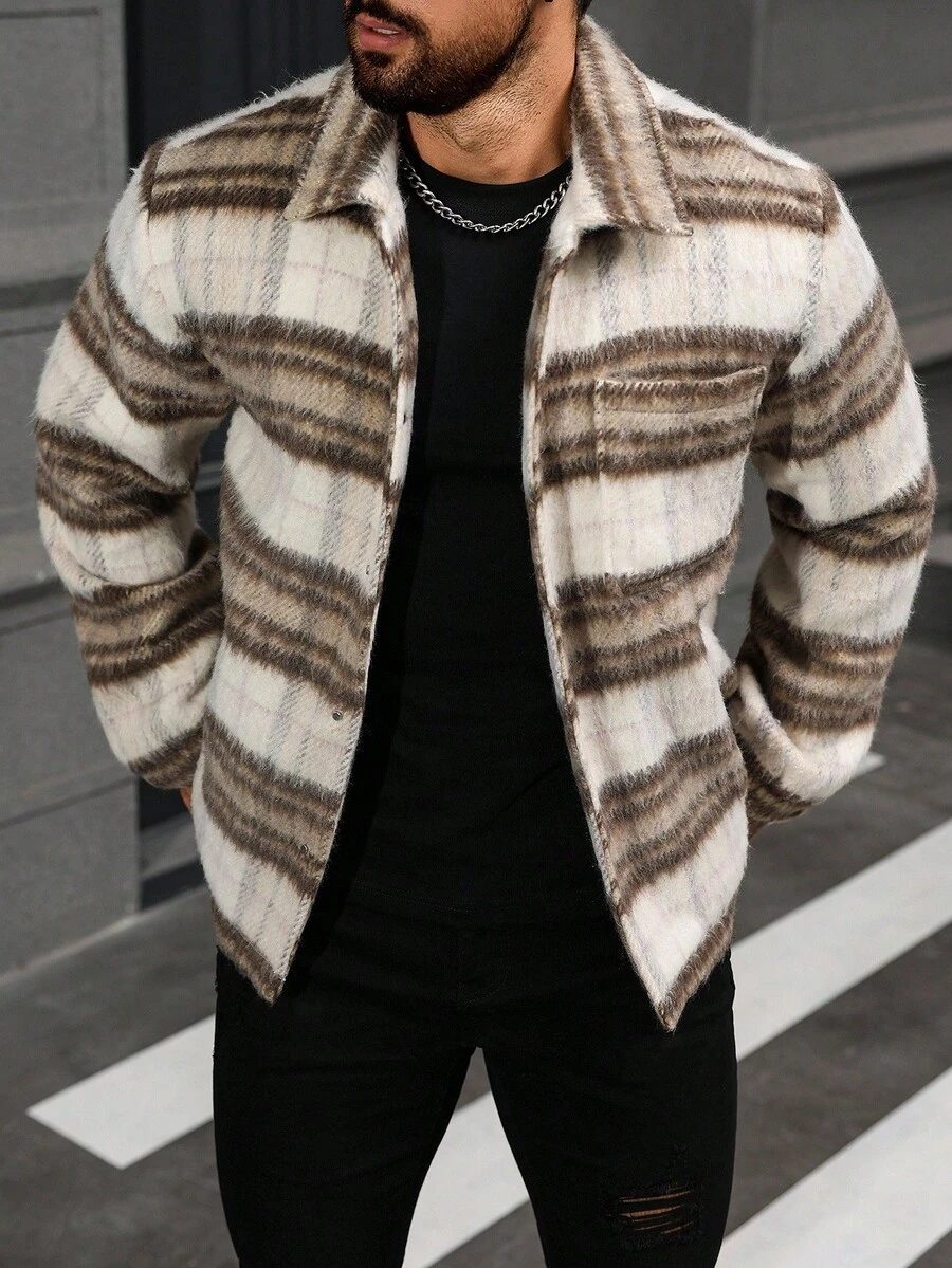 Manfinity Homme Herren karierter Locker Sitzende Lässig Jacke mit Langarm und Tasche, Herren Shacket Karojakke, Herren Sweatjacke, Karohemd für Herren, gestreifter Herren Shacket