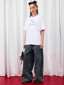 COUREZ 请勿打扰标语超大短袖T恤 /Y2K 秋季女装 秋季服装 可爱上衣 印花T恤 - 白色 - 查看 2