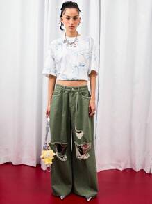 COUREZ 低腰宽松灯笼裤，卡其色水洗做旧款 / Y2K 低腰牛仔裤，秋季女装，秋季外出穿搭，低腰牛仔裤 - 軍綠色 - 查看 2