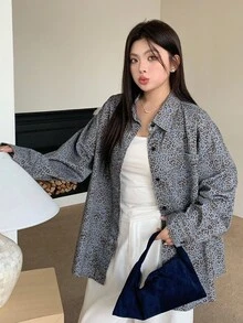 Dazy Plus Leopard Print Lapel Pocket Loose Denim Jacket, Long Sleeve, Plus Size, Autumn - Blue - View 6