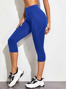 SHEIN Cheerettes Solid Color High Waist Seamless Side Pocket Yoga Leggings - Blue - View 5