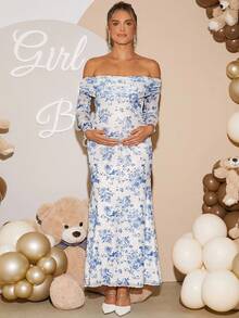 Loomaby Váy bầu tay dài hở vai họa tiết hoa thanh lịch - Xanh và trắng - Xem 5