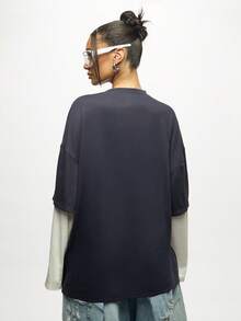 SUMWON WOMEN 双层 Texas Love 印花超大长袖 T 恤新颖图案 T 恤，搭配多层撞色袖子，冬季秋季休闲棉质上衣 - 寶藍色 - 查看 2