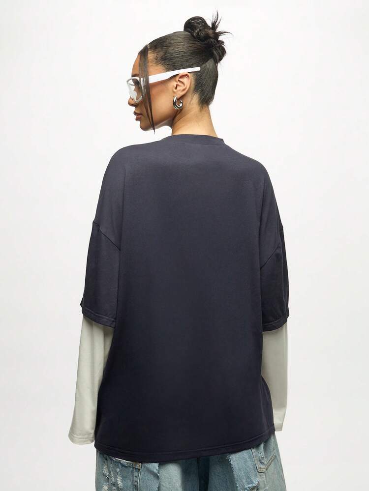 SUMWON WOMEN Oversized Texas Print T-Shirt With Layered Sleeves