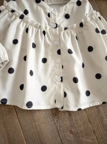 SHEIN 女童可爱波尔卡圆点印花泡泡袖休闲衬衫，适合日常外出、聚会和户外活动 - 米色 - 查看 5