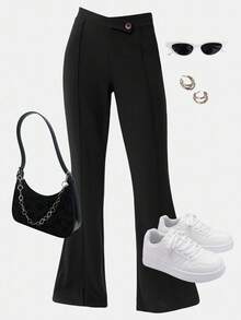 Girlism 少女优雅纯色舒适不对称腰黑色喇叭裤