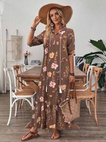 V-Neck Printed Ruffle Hem Casual Vacation Dress With Drawstring - Multicolor - View 6