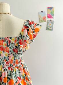 Soleia Colorful Printed Fabric Flutter Sleeve Cap Sleeve Bowknot Front A-Line Dress, Vacation Style, Spring/Summer - Multicolor - View 8