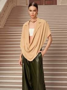 SHEIN Unity Women's Solid Color Lapel Collar Batwing Sleeve Unique Fashion Cape Top - Khaki - View 3