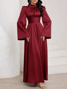 Veilorie 女式优雅纯色喇叭袖阿拉伯风格连衣裙 - 酒紅色 - 查看 7