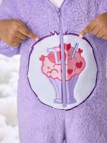 SHEIN X Care Bears 小女孩可爱卡通刺绣图案长袖连帽拉链柔软毛绒紫色3D耳朵设计连体睡衣