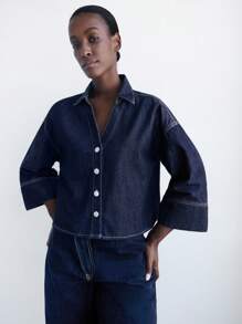 Maija 女式深蓝色牛仔上衣，七分袖，宽松衬衫，度假风格和复古风格的秋季女装