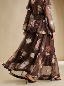 Anewsta Women's Spring Vacation Floral Print Ruffle Hem Fashionable A-Line Skirt - Brown - View 2