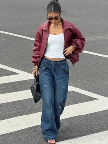 SHEIN EZwear 女士秋装新款落肩长袖拉链红色 PU 皮夹克，适合日常穿着 - 酒紅色 - 查看 3