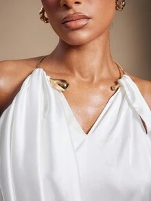 Hauture Women's White Satin Front Drape With Gold Ring Neck Detail Summer Sexy Night Out Dress - White - View 2