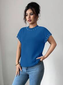 Elenzga 女式黑色圆领短袖泡泡珍珠T恤 - 寶藍色 - 查看 3