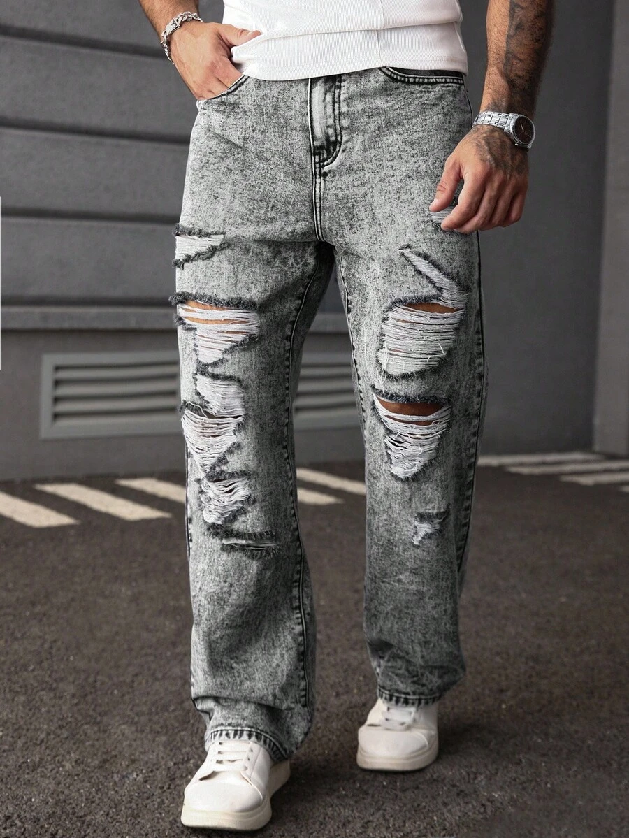 Manfinity LEGND Plus Size Men's Gray Washed Mature Street Style Personalized Ripped Design Straight Jeans - Grey - View 1