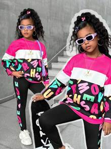 SHEIN Explorewe Bộ 2 quần nỉ và quần legging in chữ nhiều màu cho bé gái tuổi mới lớn - Nhiều màu - Xem 8