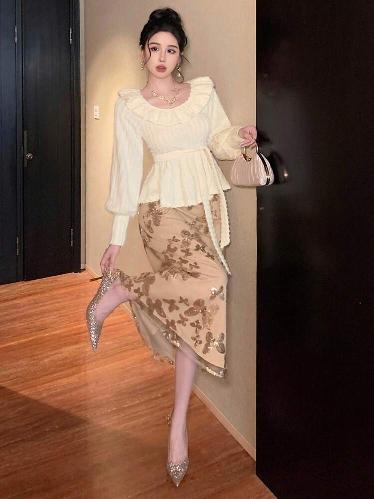 Women's Elegant Long Sleeve T-Shirt With Ruffle Patchwork, Lantern Sleeves, Textured Fuzzy Fabric, Tie Waist, Suitable For Wedding, Party, Commute In Autumn And Winter,Fall Women Clothes