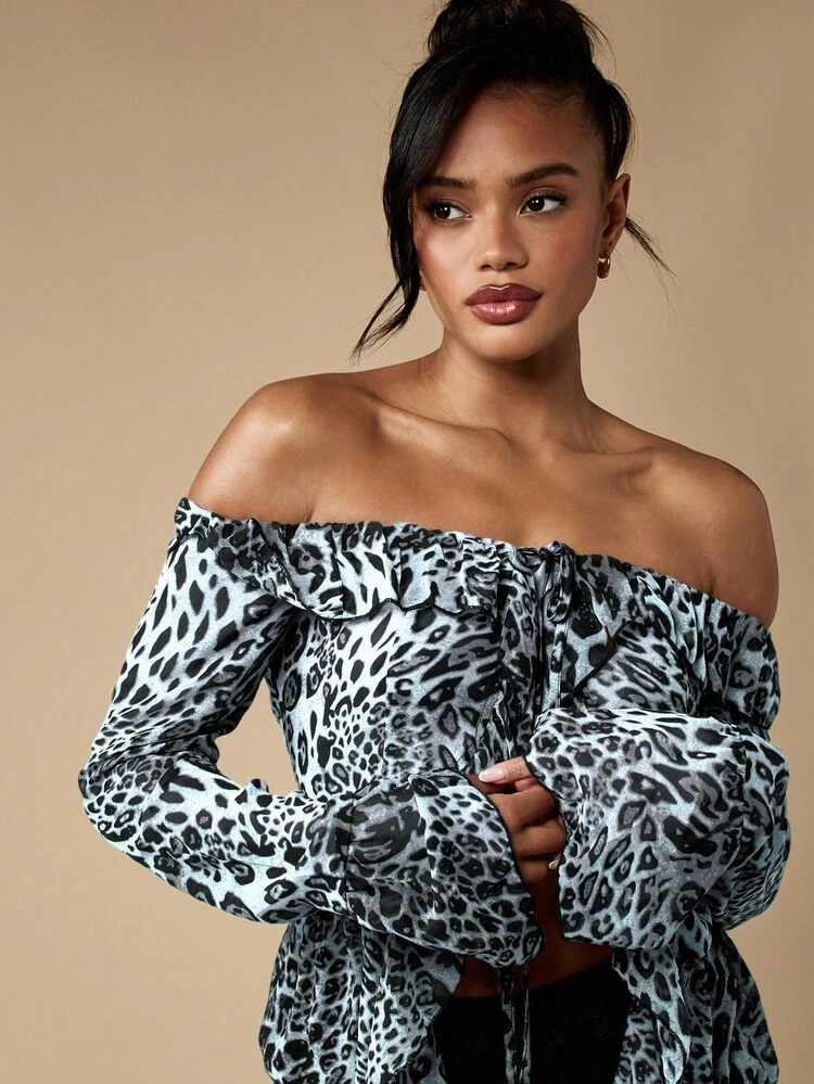 MISSGUIDED Chiffon Off Shoulder Bardot Blouse Long Balloon Sleeve Ruched Front Animal Print Occasion Evening Party Casual Crop Top Winter Spring Fall
