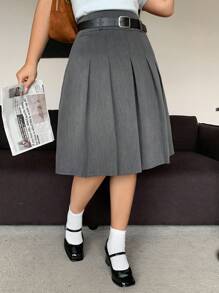 Dazy Plus Váy dài đến đầu gối xếp ly chữ A màu trơn cỡ lớn cho nữ, phong cách học sinh mùa thu - Màu xám đen - Xem 6