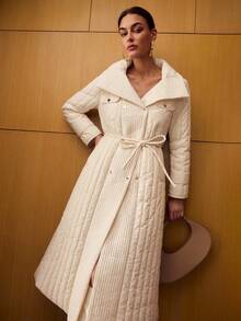 MOTF PREMIUM 系腰带双排扣冬季大衣 - 米色 - 查看 8