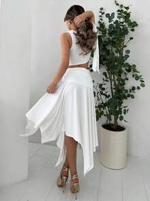 Jemour Bộ váy tốt nghiệp áo cánh buộc vai bất đối xứng màu trơn + chân váy xếp ly xẻ cao viền bất đối xứng cho nữ - trắng - Xem 2