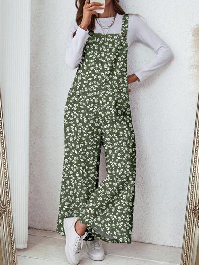 SHEIN LUNE Boho Green Floral Print Cropped Jumpsuit With Straps And Pocket Detail Floral Jumpsuit For Women Summer Jumpsuits For Women Casual Jumpsuits For Women Green Floral Jumpsuit Floral Print Jumpsuit