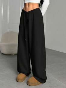 SHEIN EZwear 女士纯色前系带简约直腿运动裤，休闲日常穿着